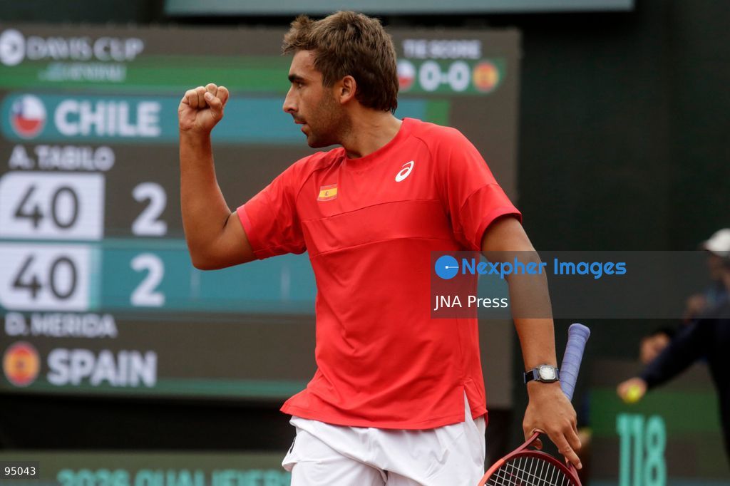 SANTIAGO, CHILE, SEPTEMBER 19, 2026: Players from Chile and Spain compete during their Davis Cup Qualifiers second-round tie at Court Central Anita Lizana in Santiago. Spain took a 2-0 lead after the opening day, with Daniel Mérida defeating Alejandro Tabilo 5-7, 6-3, 6-3 and Rafael Jódar beating Cristian Garín 6-0, 6-2. The winner of the tie will advance to the Davis Cup Final 8 in Bologna. Photo by Sebastian Silva / JNA Press. (Photo by Sebastian Silva/JNA Press via Nexpher Images)