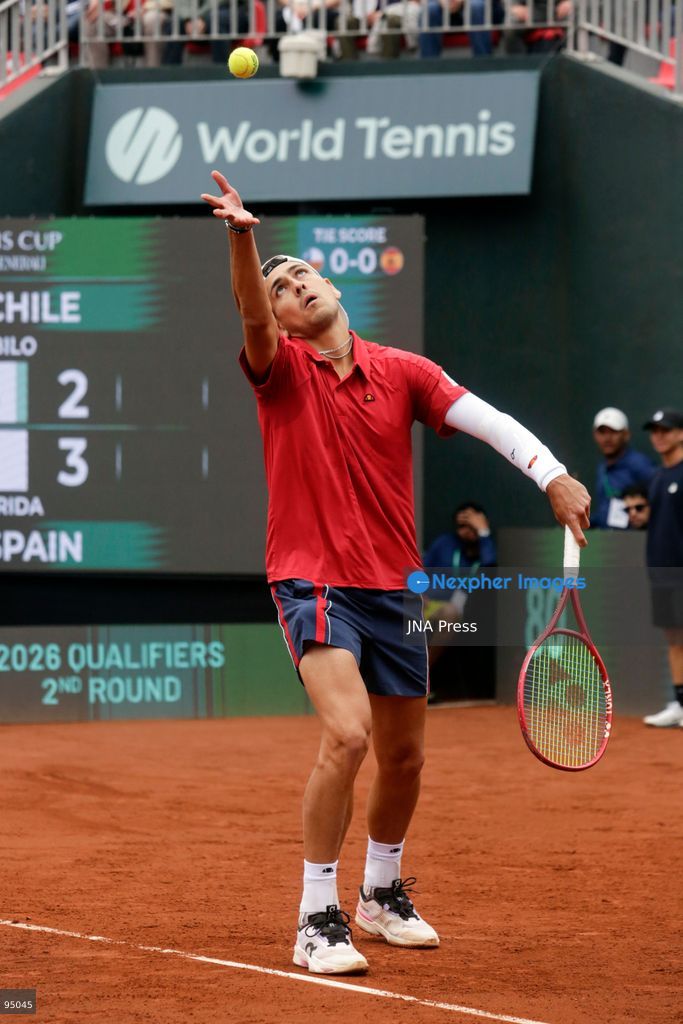 SANTIAGO, CHILE, SEPTEMBER 19, 2026: Players from Chile and Spain compete during their Davis Cup Qualifiers second-round tie at Court Central Anita Lizana in Santiago. Spain took a 2-0 lead after the opening day, with Daniel Mérida defeating Alejandro Tabilo 5-7, 6-3, 6-3 and Rafael Jódar beating Cristian Garín 6-0, 6-2. The winner of the tie will advance to the Davis Cup Final 8 in Bologna. Photo by Sebastian Silva / JNA Press. (Photo by Sebastian Silva/JNA Press via Nexpher Images)