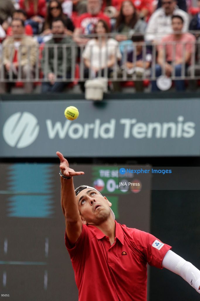 SANTIAGO, CHILE, SEPTEMBER 19, 2026: Players from Chile and Spain compete during their Davis Cup Qualifiers second-round tie at Court Central Anita Lizana in Santiago. Spain took a 2-0 lead after the opening day, with Daniel Mérida defeating Alejandro Tabilo 5-7, 6-3, 6-3 and Rafael Jódar beating Cristian Garín 6-0, 6-2. The winner of the tie will advance to the Davis Cup Final 8 in Bologna. Photo by Sebastian Silva / JNA Press. (Photo by Sebastian Silva/JNA Press via Nexpher Images)