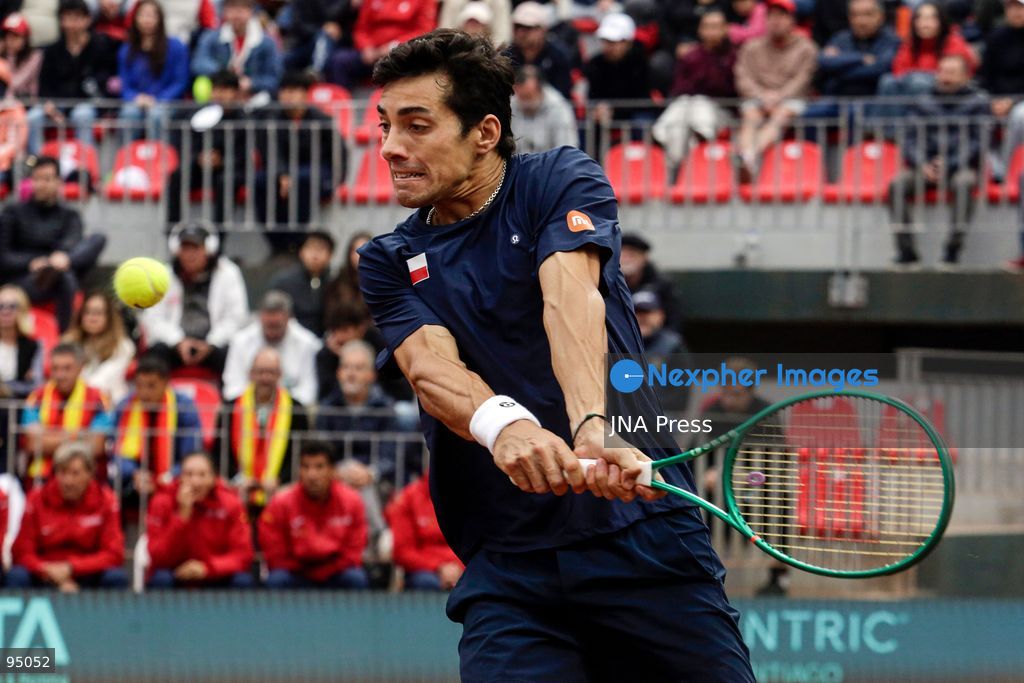 SANTIAGO, CHILE, SEPTEMBER 19, 2026: Players from Chile and Spain compete during their Davis Cup Qualifiers second-round tie at Court Central Anita Lizana in Santiago. Spain took a 2-0 lead after the opening day, with Daniel Mérida defeating Alejandro Tabilo 5-7, 6-3, 6-3 and Rafael Jódar beating Cristian Garín 6-0, 6-2. The winner of the tie will advance to the Davis Cup Final 8 in Bologna. Photo by Sebastian Silva / JNA Press. (Photo by Sebastian Silva/JNA Press via Nexpher Images)