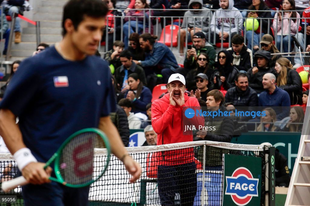 SANTIAGO, CHILE, SEPTEMBER 19, 2026: Players from Chile and Spain compete during their Davis Cup Qualifiers second-round tie at Court Central Anita Lizana in Santiago. Spain took a 2-0 lead after the opening day, with Daniel Mérida defeating Alejandro Tabilo 5-7, 6-3, 6-3 and Rafael Jódar beating Cristian Garín 6-0, 6-2. The winner of the tie will advance to the Davis Cup Final 8 in Bologna. Photo by Sebastian Silva / JNA Press. (Photo by Sebastian Silva/JNA Press via Nexpher Images)