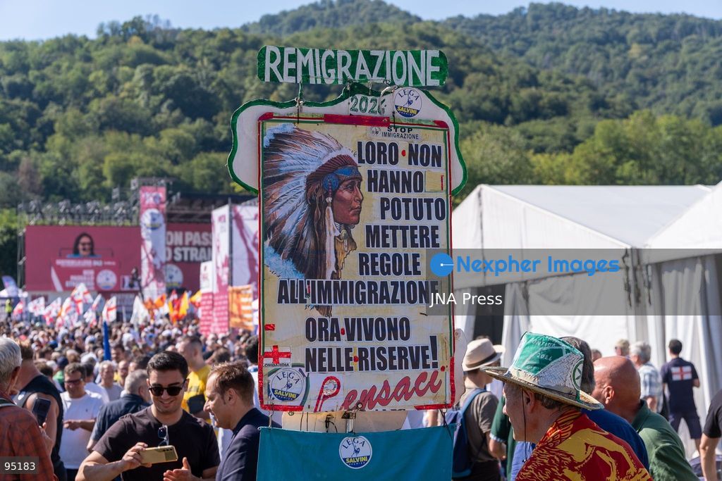 PONTIDA, BERGAMO, ITALY, SEPTEMBER 20, 2026: Lega leader Matteo Salvini addresses supporters during the party’s annual rally in Pontida, in the province of Bergamo. During the gathering, Salvini announced Silvia Sardone as Lega’s candidate for mayor of Milan ahead of the 2027 municipal election. Sardone said she was prepared to take part in a center-right primary to determine the coalition’s eventual mayoral candidate. The annual Pontida gathering also took place amid debate within the party over its leadership and future political direction. Photo by Leonaedo Garavgila/ JNA Press. (Photo by Leonardo Garavaglia/JNA Press via Nexpher Images)