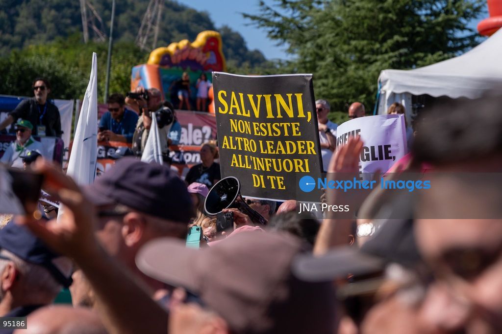 PONTIDA, BERGAMO, ITALY, SEPTEMBER 20, 2026: Lega leader Matteo Salvini addresses supporters during the party’s annual rally in Pontida, in the province of Bergamo. During the gathering, Salvini announced Silvia Sardone as Lega’s candidate for mayor of Milan ahead of the 2027 municipal election. Sardone said she was prepared to take part in a center-right primary to determine the coalition’s eventual mayoral candidate. The annual Pontida gathering also took place amid debate within the party over its leadership and future political direction. Photo by Leonaedo Garavgila/ JNA Press. (Photo by Leonardo Garavaglia/JNA Press via Nexpher Images)