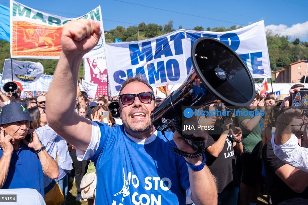 PONTIDA, BERGAMO, ITALY, SEPTEMBER 20, 2026: Lega leader Matteo Salvini addresses supporters during the party’s annual rally in Pontida, in the province of Bergamo. During the gathering, Salvini announced Silvia Sardone as Lega’s candidate for mayor of Milan ahead of the 2027 municipal election. Sardone said she was prepared to take part in a center-right primary to determine the coalition’s eventual mayoral candidate. The annual Pontida gathering also took place amid debate within the party over its leadership and future political direction. Photo by Leonaedo Garavgila/ JNA Press. (Photo by Leonardo Garavaglia/JNA Press via Nexpher Images)