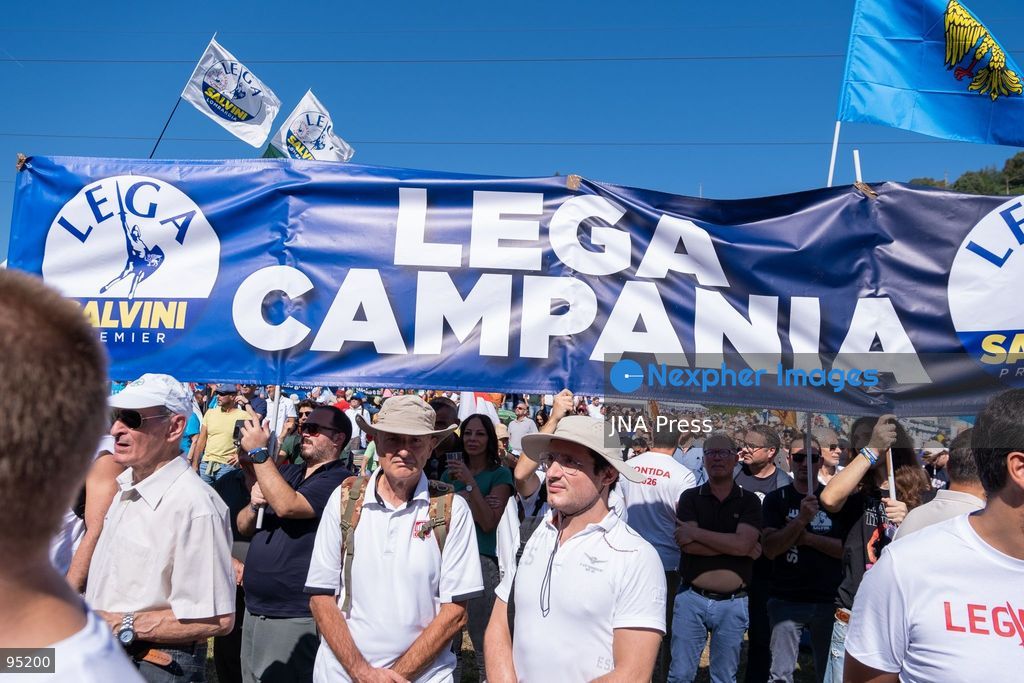 PONTIDA, BERGAMO, ITALY, SEPTEMBER 20, 2026: Lega leader Matteo Salvini addresses supporters during the party’s annual rally in Pontida, in the province of Bergamo. During the gathering, Salvini announced Silvia Sardone as Lega’s candidate for mayor of Milan ahead of the 2027 municipal election. Sardone said she was prepared to take part in a center-right primary to determine the coalition’s eventual mayoral candidate. The annual Pontida gathering also took place amid debate within the party over its leadership and future political direction. Photo by Leonaedo Garavgila/ JNA Press. (Photo by Leonardo Garavaglia/JNA Press via Nexpher Images)