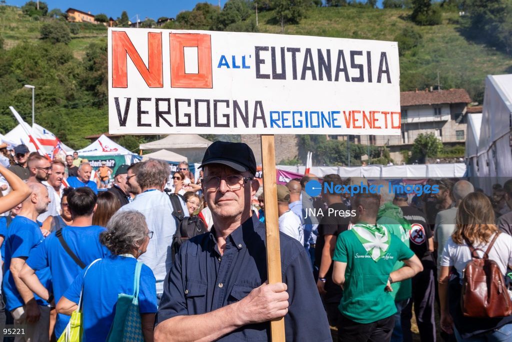 PONTIDA, BERGAMO, ITALY, SEPTEMBER 20, 2026: Lega leader Matteo Salvini addresses supporters during the party’s annual rally in Pontida, in the province of Bergamo. During the gathering, Salvini announced Silvia Sardone as Lega’s candidate for mayor of Milan ahead of the 2027 municipal election. Sardone said she was prepared to take part in a center-right primary to determine the coalition’s eventual mayoral candidate. The annual Pontida gathering also took place amid debate within the party over its leadership and future political direction. Photo by Leonaedo Garavgila/ JNA Press. (Photo by Leonardo Garavaglia/JNA Press via Nexpher Images)