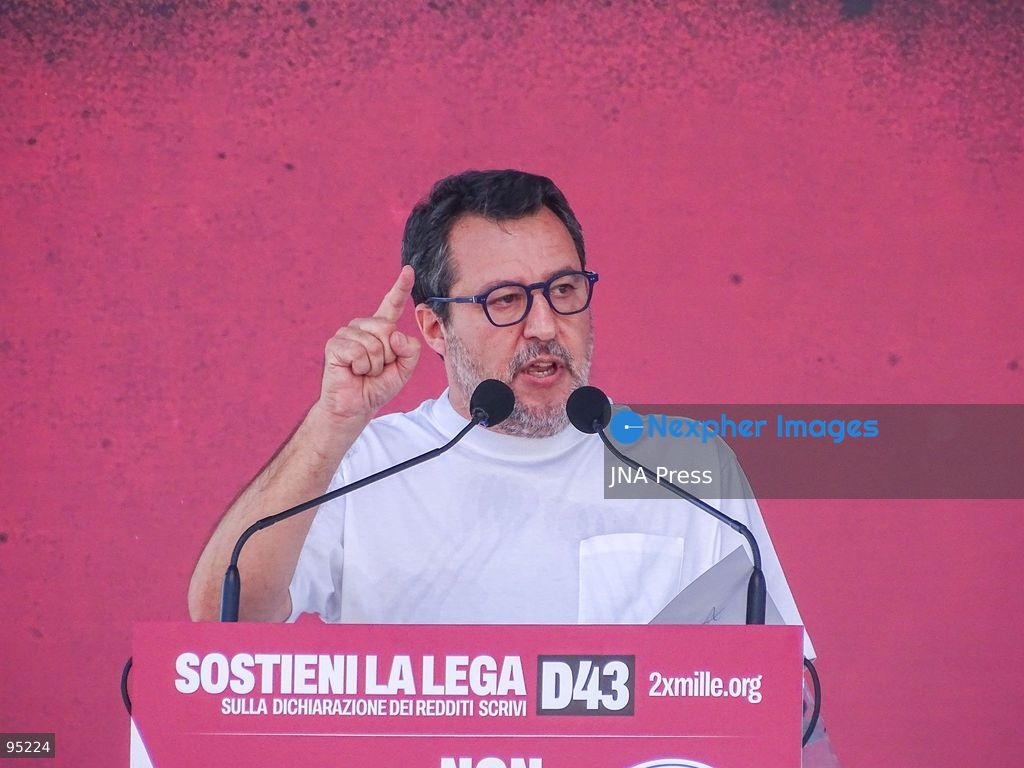 PONTIDA, BERGAMO, ITALY, SEPTEMBER 20, 2026: Lega leader Matteo Salvini addresses supporters during the party’s annual rally in Pontida, in the province of Bergamo. During the gathering, Salvini announced Silvia Sardone as Lega’s candidate for mayor of Milan ahead of the 2027 municipal election. Sardone said she was prepared to take part in a center-right primary to determine the coalition’s eventual mayoral candidate. The annual Pontida gathering also took place amid debate within the party over its leadership and future political direction. Photo by Leonaedo Garavgila/ JNA Press. (Photo by Leonardo Garavaglia/JNA Press via Nexpher Images)