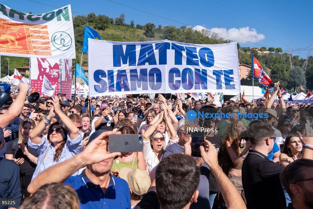 PONTIDA, BERGAMO, ITALY, SEPTEMBER 20, 2026: Lega leader Matteo Salvini addresses supporters during the party’s annual rally in Pontida, in the province of Bergamo. During the gathering, Salvini announced Silvia Sardone as Lega’s candidate for mayor of Milan ahead of the 2027 municipal election. Sardone said she was prepared to take part in a center-right primary to determine the coalition’s eventual mayoral candidate. The annual Pontida gathering also took place amid debate within the party over its leadership and future political direction. Photo by Leonaedo Garavgila/ JNA Press. (Photo by Leonardo Garavaglia/JNA Press via Nexpher Images)