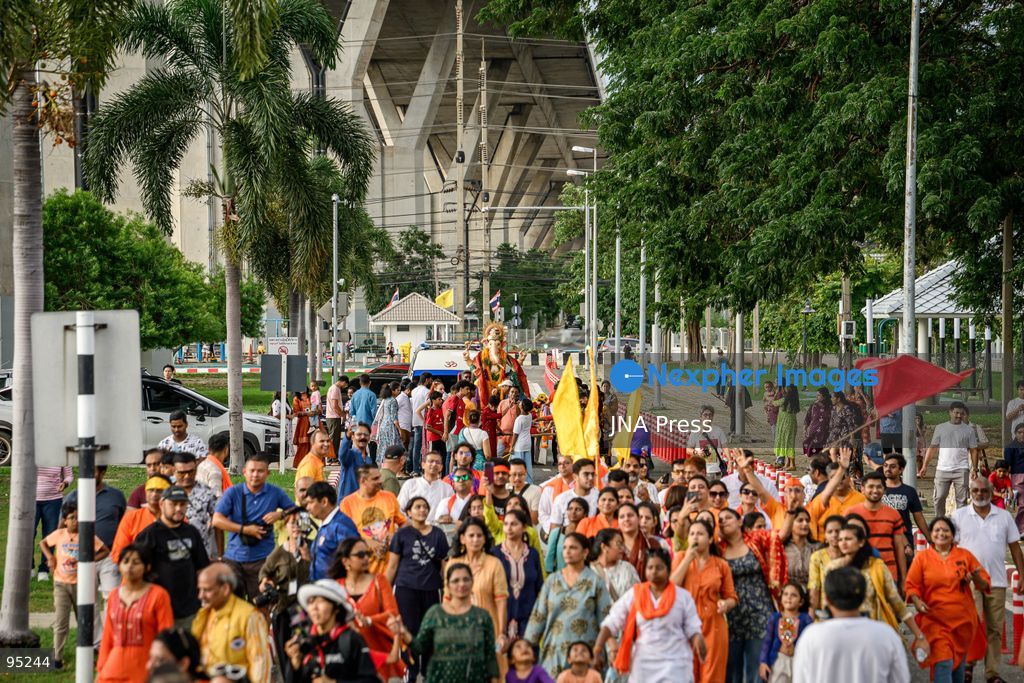 BANGKOK, THAILAND, SEPTEMBER 20, 2026: Hindu devotees worship a statue of Lord Ganesha during Ganesh Chaturthi celebrations near Bhumibol Bridge in Bangkok. The Hindu festival honors Ganesha, the deity associated with wisdom, prosperity and the removal of obstacles, and is observed with prayers, offerings and religious ceremonies. Photo by Watsawat Koktabtim / JNA Press. (Photo by Watsawat Koktabtim/JNA Press via Nexpher Images)