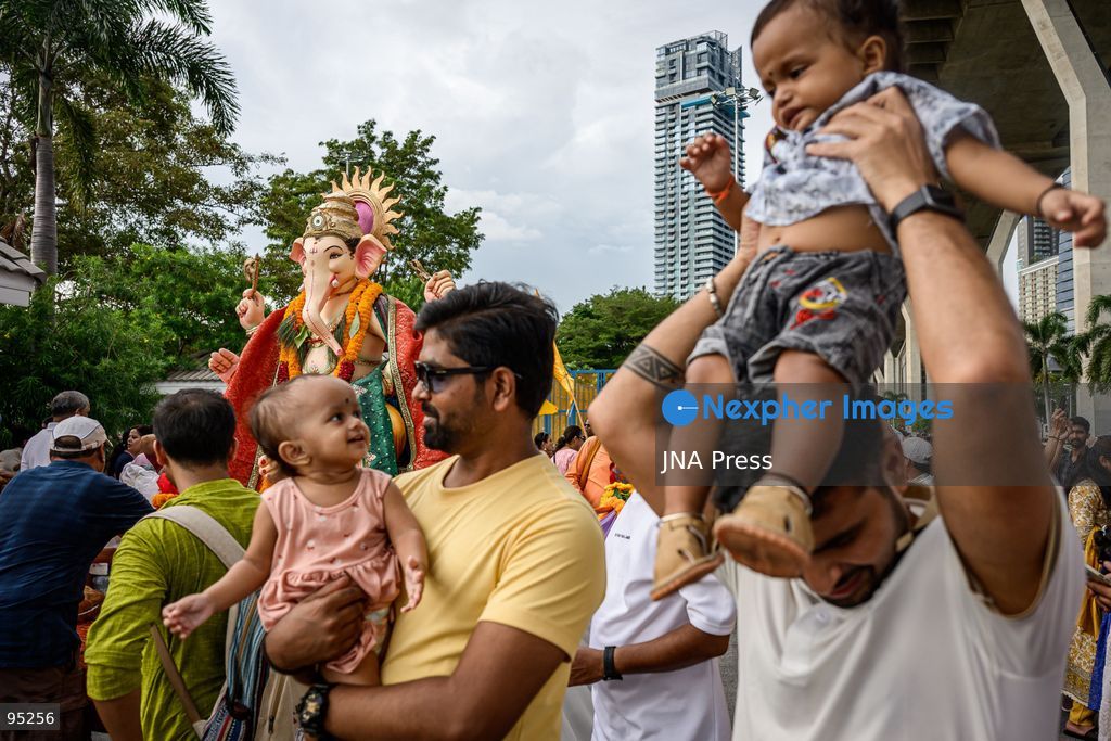 BANGKOK, THAILAND, SEPTEMBER 20, 2026: Hindu devotees worship a statue of Lord Ganesha during Ganesh Chaturthi celebrations near Bhumibol Bridge in Bangkok. The Hindu festival honors Ganesha, the deity associated with wisdom, prosperity and the removal of obstacles, and is observed with prayers, offerings and religious ceremonies. Photo by Watsawat Koktabtim / JNA Press. (Photo by Watsawat Koktabtim/JNA Press via Nexpher Images)