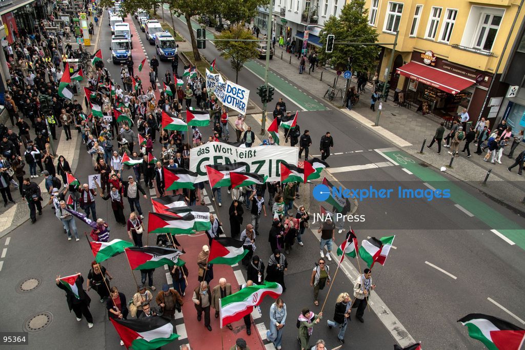 BERLIN, GERMANY, SEPTEMBER 19, 2026: Pro-Palestinian demonstrators march through Berlin’s Schöneberg district during a protest in solidarity with Palestinians and against Israel’s military actions. Organizers and participants called for an end to the war and accused Israel of genocide and ethnic cleansing in the occupied Palestinian territories. Around 400 people took part in the demonstration, according to the photographer. Photo by Andres Trujilo / JNA Press. (Photo by AndrÃ©s Trujillo/JNA Press via Nexpher Images)