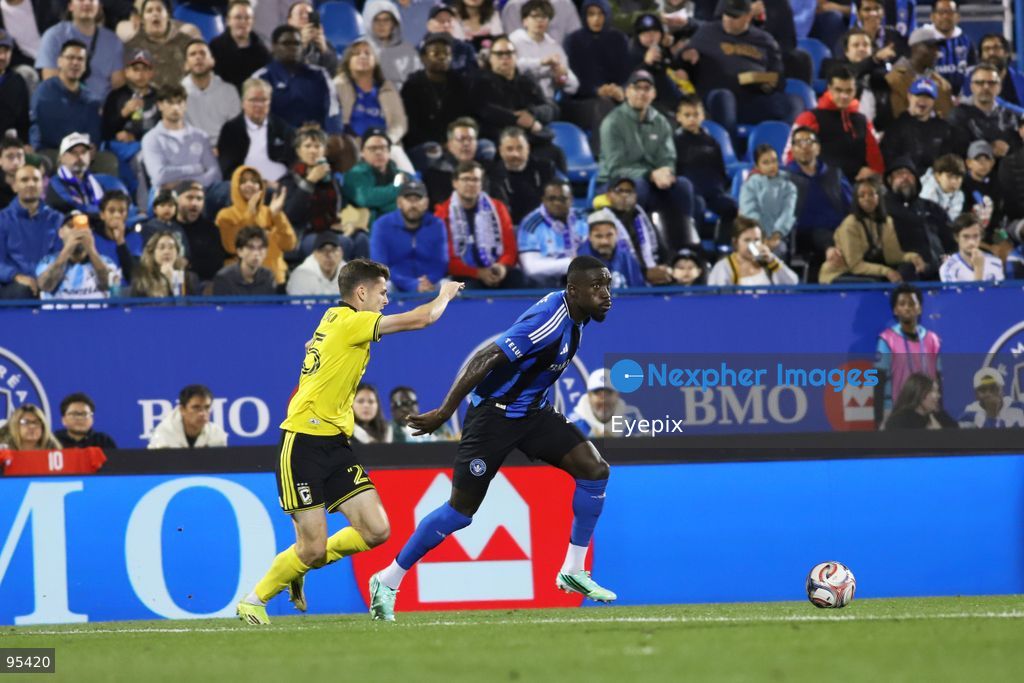 Prince Owusu #9 of CF Montreal is pressured by Sean Zawadzki #25 of Columbus Crew during the match between CF Montreal and Columbus Crew at Saputo Stadium. on September 19, 2026 in Montreal, Canada. (Photo by Horacio Zamora/ Eyepix Group) (Photo by Horacio Zamora/ Eyepix Group/Eyepix via Nexpher Images)