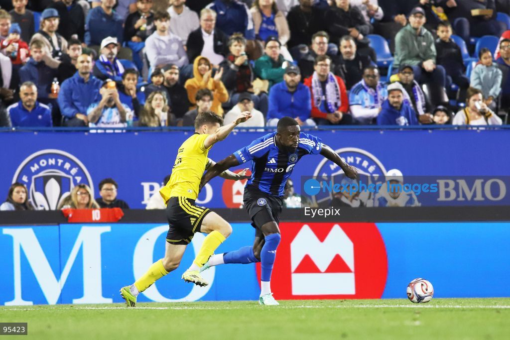 Prince Owusu #9 of CF Montreal and Sean Zawadzki #25 of Columbus Crew battle for the ball during the match between CF Montreal and Columbus Crew at Saputo Stadium. on September 19, 2026 in Montreal, Canada. (Photo by Horacio Zamora/ Eyepix Group) (Photo by Horacio Zamora/ Eyepix Group/Eyepix via Nexpher Images)