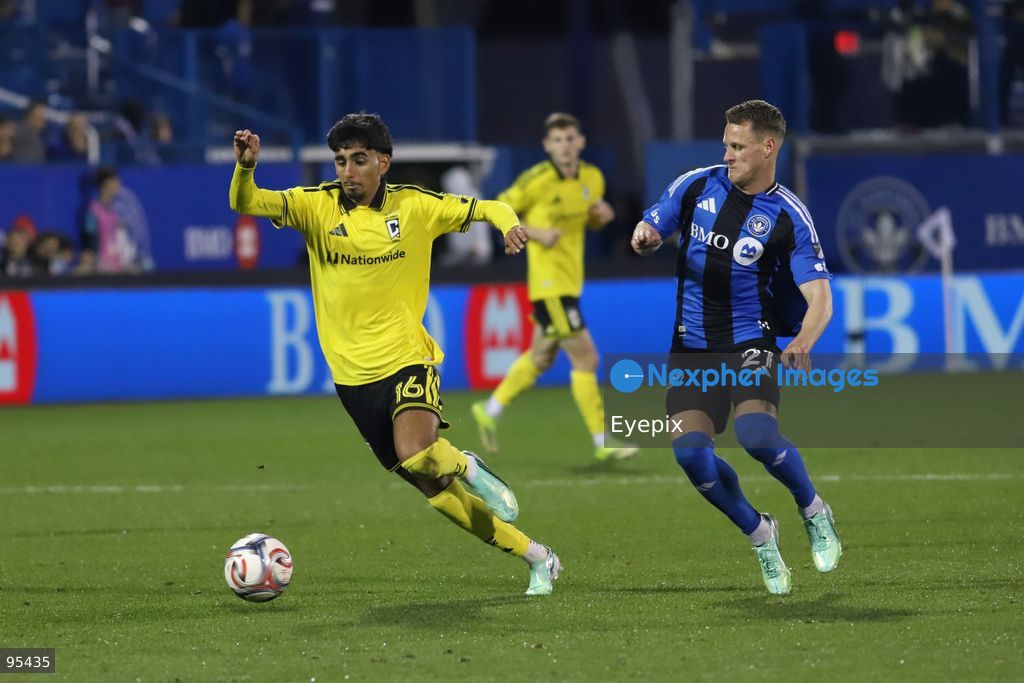 Taha Habroune #16 of Columbus Crew is pressured by Fabian Herbers #21 of CF Montreal during the match between CF Montreal and Columbus Crew at Saputo Stadium. on September 19, 2026 in Montreal, Canada. (Photo by Horacio Zamora/ Eyepix Group) (Photo by Horacio Zamora/ Eyepix Group/Eyepix via Nexpher Images)