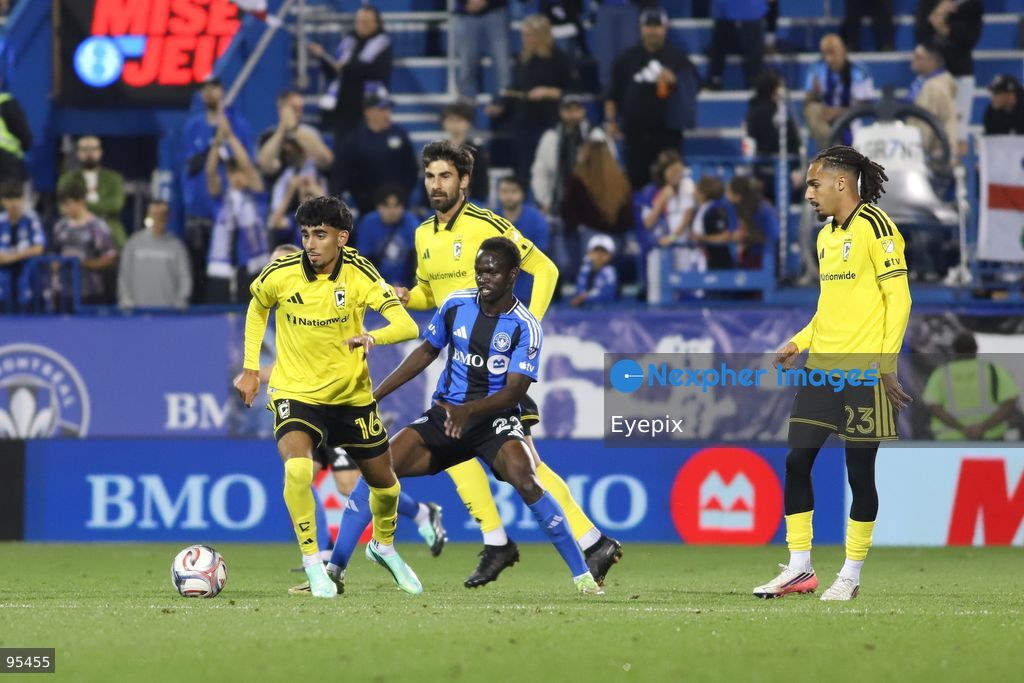 Taha Habroune #16 of Columbus Crew is pressured by Víctor Loturi #22 of CF Montreal during the match between CF Montreal and Columbus Crew at Saputo Stadium. on September 19, 2026 in Montreal, Canada. (Photo by Horacio Zamora/ Eyepix Group) (Photo by Horacio Zamora/ Eyepix Group/Eyepix via Nexpher Images)