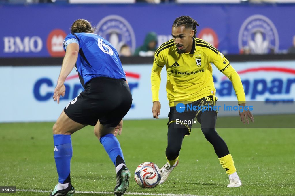 Mohamed Farsi #23 of Columbus Crew is pressured by Samuel Piette #6 of CF Montreal during the match between CF Montreal and Columbus Crew at Saputo Stadium. on September 19, 2026 in Montreal, Canada. (Photo by Horacio Zamora/ Eyepix Group) (Photo by Horacio Zamora/ Eyepix Group/Eyepix via Nexpher Images)