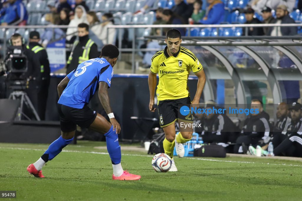 Anass Zaroury #21 of Columbus Crew is pressured by Brayan Ceballos #3 of CF Montreal during the match between CF Montreal and Columbus Crew at Saputo Stadium. on September 19, 2026 in Montreal, Canada. (Photo by Horacio Zamora/ Eyepix Group) (Photo by Horacio Zamora/ Eyepix Group/Eyepix via Nexpher Images)