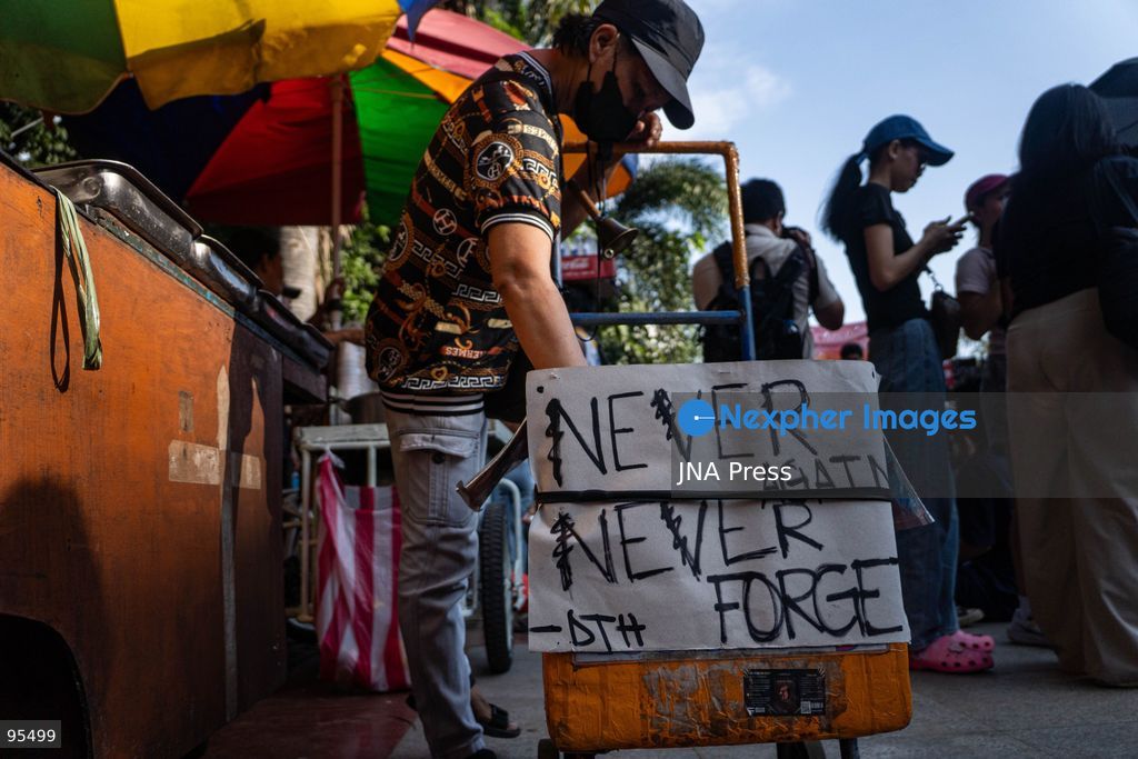 MANILA, PHILIPPINES, SEPTEMBER 21, 2026: Activists and members of progressive groups march through Manila during a demonstration marking the 54th anniversary of the declaration of Martial Law under former President Ferdinand Marcos Sr. The protest began with a program at Liwasang Bonifacio before demonstrators marched toward Mendiola, where police barricades had been deployed. Participants commemorated victims of human rights violations during the Marcos era and called for government accountability over current political and corruption issues. Photo by Charles Edmon / JNA Press. (Photo by Charles Edmon S. Perez/JNA Press via Nexpher Images)