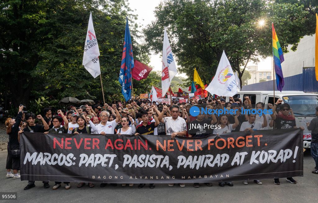 MANILA, PHILIPPINES, SEPTEMBER 21, 2026: Activists and members of progressive groups march through Manila during a demonstration marking the 54th anniversary of the declaration of Martial Law under former President Ferdinand Marcos Sr. The protest began with a program at Liwasang Bonifacio before demonstrators marched toward Mendiola, where police barricades had been deployed. Participants commemorated victims of human rights violations during the Marcos era and called for government accountability over current political and corruption issues. Photo by Charles Edmon / JNA Press. (Photo by Charles Edmon S. Perez/JNA Press via Nexpher Images)