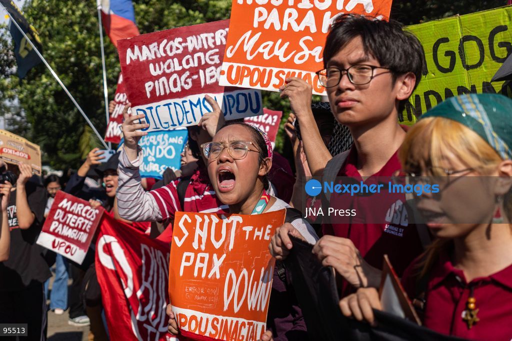 MANILA, PHILIPPINES, SEPTEMBER 21, 2026: Activists and members of progressive groups march through Manila during a demonstration marking the 54th anniversary of the declaration of Martial Law under former President Ferdinand Marcos Sr. The protest began with a program at Liwasang Bonifacio before demonstrators marched toward Mendiola, where police barricades had been deployed. Participants commemorated victims of human rights violations during the Marcos era and called for government accountability over current political and corruption issues. Photo by Charles Edmon / JNA Press. (Photo by Charles Edmon S. Perez/JNA Press via Nexpher Images)