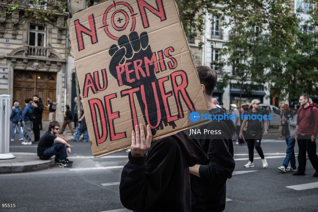 PARIS, FRANCE, SEPTEMBER 20, 2026: Demonstrators gather at Place de la République in Paris during a protest against a proposed law granting police and gendarmes a presumption that their use of firearms complied with legal requirements. Opponents have dubbed the legislation a “licence to kill,” arguing that it could weaken accountability for police shootings. Around 21,000 people joined the Paris demonstration, according to police. Gendarmes used tear gas as tensions escalated during the protest. Photo by Nadia Caimi / JNA Press (Photo by Nadia Caimi/JNA Press via Nexpher Images)
