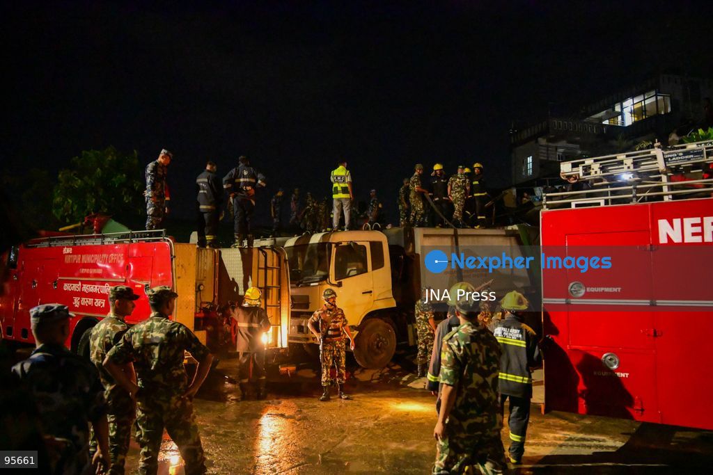 KATHMANDU, NEPAL, SEPTEMBER 21, 2026: Firefighters and security personnel work to extinguish a fire at a plastic warehouse in the Teku area of Kathmandu. Personnel from the Nepal Army, Armed Police Force and Nepal Police joined Kathmandu Metropolitan City firefighters and local residents in efforts to bring the blaze under control near residential buildings and a waste-management centre. The cause of the fire and the extent of the damage were not immediately known. Photo by Safal Shrestha/ JNA Press. (Photo by Safal Prakash Shrestha/JNA Press via Nexpher Images)