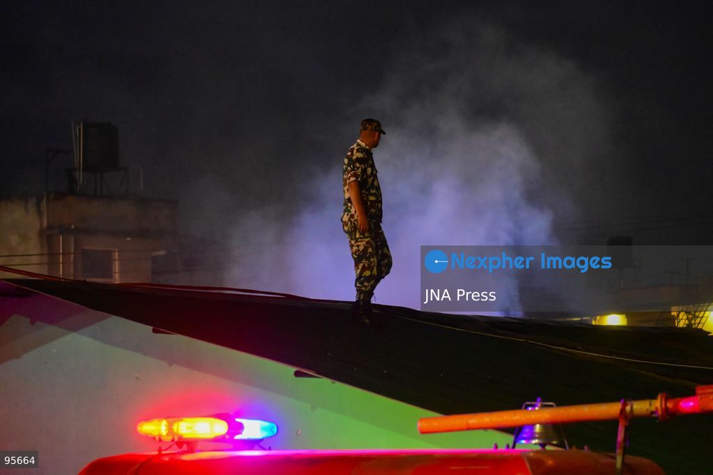 KATHMANDU, NEPAL, SEPTEMBER 21, 2026: Firefighters and security personnel work to extinguish a fire at a plastic warehouse in the Teku area of Kathmandu. Personnel from the Nepal Army, Armed Police Force and Nepal Police joined Kathmandu Metropolitan City firefighters and local residents in efforts to bring the blaze under control near residential buildings and a waste-management centre. The cause of the fire and the extent of the damage were not immediately known. Photo by Safal Shrestha/ JNA Press. (Photo by Safal Prakash Shrestha/JNA Press via Nexpher Images)