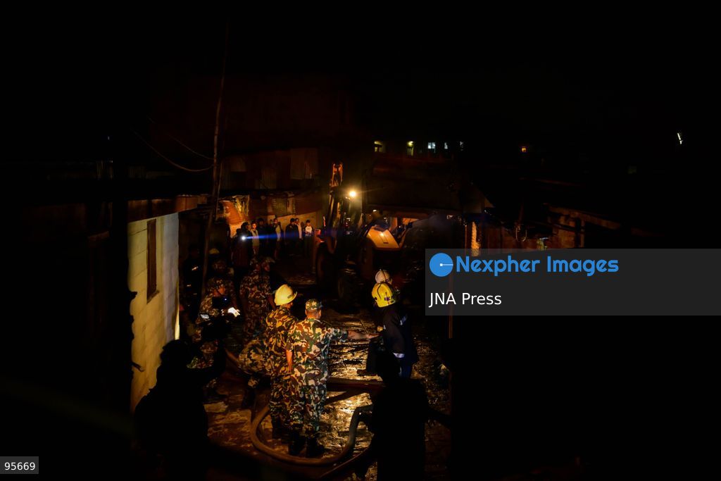 KATHMANDU, NEPAL, SEPTEMBER 21, 2026: Firefighters and security personnel work to extinguish a fire at a plastic warehouse in the Teku area of Kathmandu. Personnel from the Nepal Army, Armed Police Force and Nepal Police joined Kathmandu Metropolitan City firefighters and local residents in efforts to bring the blaze under control near residential buildings and a waste-management centre. The cause of the fire and the extent of the damage were not immediately known. Photo by Safal Shrestha/ JNA Press. (Photo by Safal Prakash Shrestha/JNA Press via Nexpher Images)