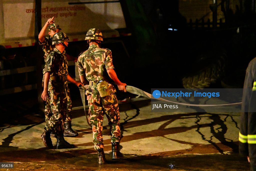 KATHMANDU, NEPAL, SEPTEMBER 21, 2026: Firefighters and security personnel work to extinguish a fire at a plastic warehouse in the Teku area of Kathmandu. Personnel from the Nepal Army, Armed Police Force and Nepal Police joined Kathmandu Metropolitan City firefighters and local residents in efforts to bring the blaze under control near residential buildings and a waste-management centre. The cause of the fire and the extent of the damage were not immediately known. Photo by Safal Shrestha/ JNA Press. (Photo by Safal Prakash Shrestha/JNA Press via Nexpher Images)