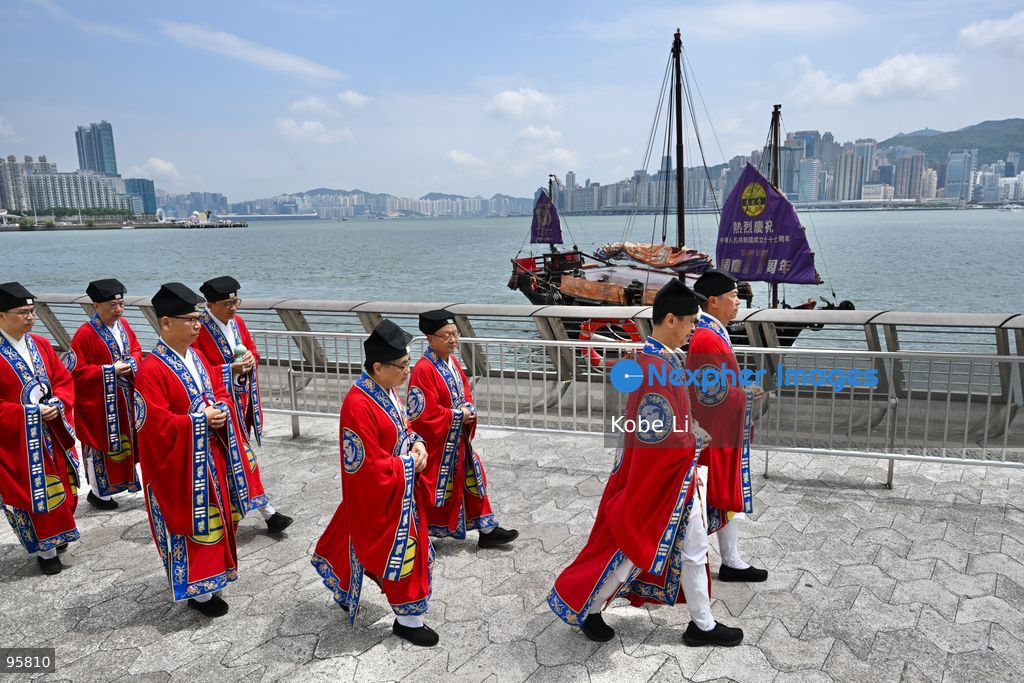 Some Taoist Priest of Sik Sik Yuen Wong Tai Sin Temple being go on the Dukling boat at Tsim Sha Tsui on September 23, 2026 in Hong Kong. Today, Sik Sik Yuen Wong Tai Sin and the Dukling boat for a special maritime parade in Victoria Harbour. (Photo by Kobe Li/Nexpher Images)