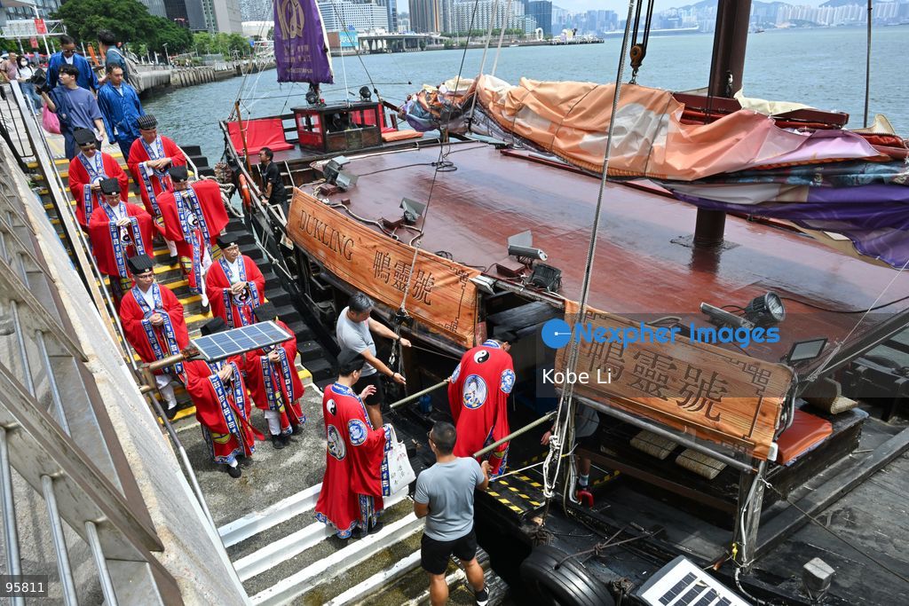 Some Taoist Priest of Sik Sik Yuen Wong Tai Sin Temple going on the Dukling boat at Tsim Sha Tsui on September 23, 2026 in Hong Kong. Today, Sik Sik Yuen Wong Tai Sin and the Dukling boat for a special maritime parade in Victoria Harbour. (Photo by Kobe Li/Nexpher Images)