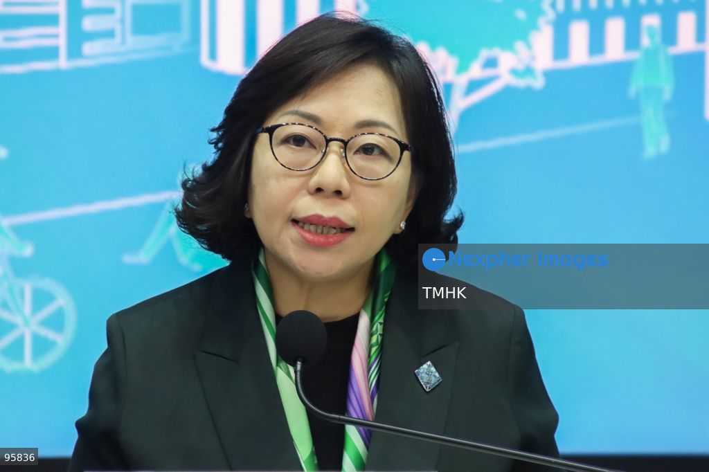 A close-up view shows Secretary for Home and Youth Affairs Alice Mak Mei-kuen speaking during a press conference on initiatives from the 2026 Policy Address and the "First Five-Year Plan of Hong Kong" on September 21, 2026 in Hong Kong. Mak introduced youth work attachments at District Council offices, a three-tier building management dispute resolution mechanism, and ethnic minority support networks. (Photo by Gordon Choi/TMHK via Nexpher Images)