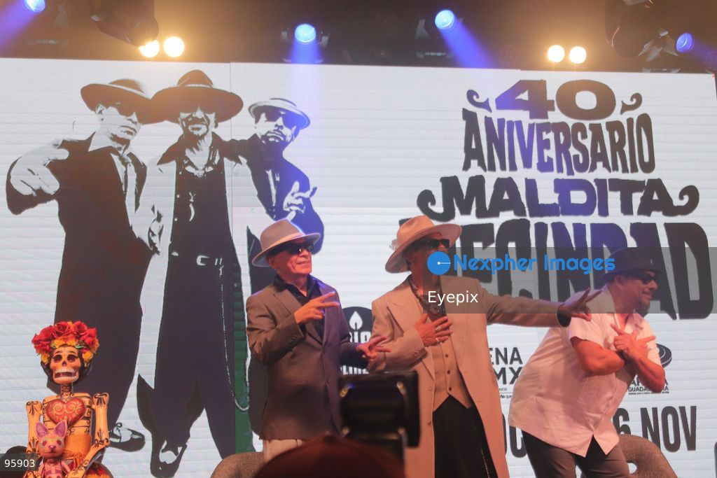 (L-R) Pato Montes, Roco Pachukote and Aldo Acuña integrants of the Mexican rock band, ‘La Maldita Vecindad’ pose during a press conference to announce the band's 40th-anniversary concert at the Stelaris Forum. on September 22, 2026, in Mexico City, Mexico. (Photo by Carlos Santiago/ Eyepix Group) (Photo by Carlos Santiago / Eyepix Group/Eyepix via Nexpher Images)