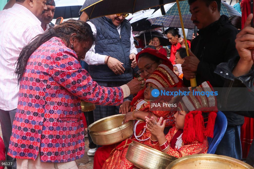 KATHMANDU, NEPAL, SEPTEMBER 24, 2026: Young girls dressed as Kumaris take part in a collective Kumari Puja in front of the Taleju Bhawani Temple at Hanuman Dhoka Durbar Square in Kathmandu during the ongoing Indra Jatra festival. Hundreds of pre-pubescent girls participated in the traditional ceremony, during which they are worshipped as representations of the Kumari, or living goddess. The ritual is traditionally held following the ceremonial raising of the Indra Dhwaja that marks the beginning of the eight-day Indra Jatra festival. Photo by Shankar Bhujel / JNA Press. (Photo by Shankar Bhujel/JNA Press via Nexpher Images)