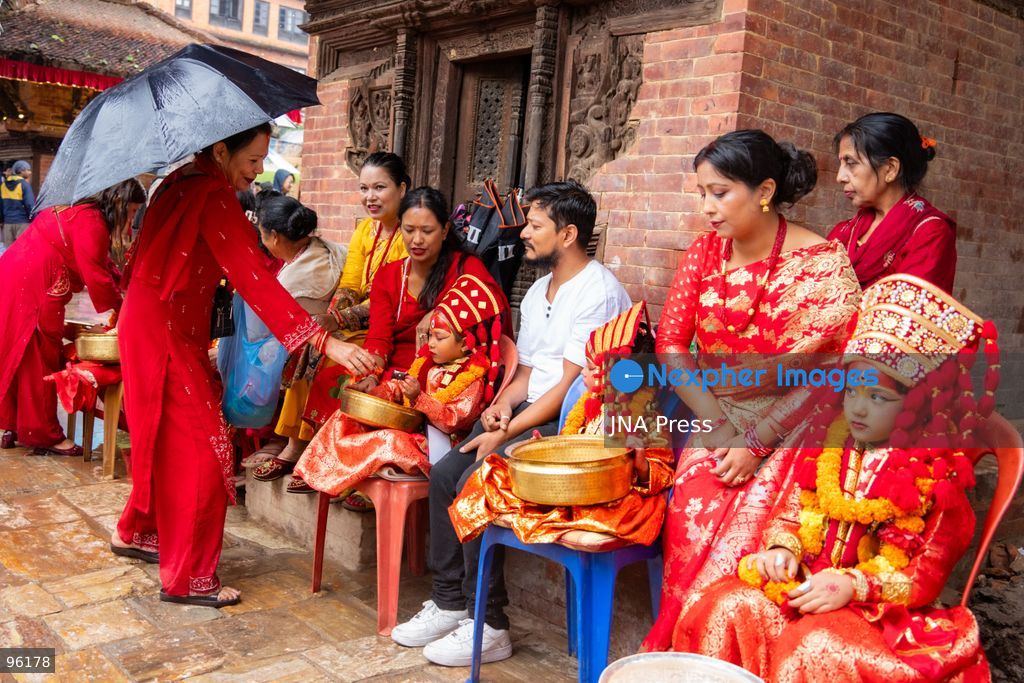 KATHMANDU, NEPAL, SEPTEMBER 24, 2026: Young girls dressed as Kumaris take part in a mass Kumari Puja at Hanuman Dhoka Durbar Square in Kathmandu on the second day of the Indra Jatra festival. Girls traditionally eligible for the ritual are worshipped as representations of the Kumari, or living goddess, during the ceremony. In Newar tradition, Kumari Puja is associated with prayers for peace, prosperity and well-being and with the blessings of Goddess Taleju Bhawani. Photo by Ghanashyam Shrestha / JNA Press. (Photo by Ghanashyam Shrestha/JNA Press via Nexpher Images)