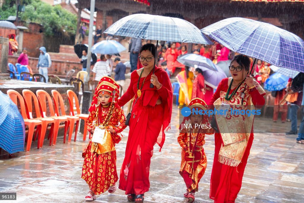KATHMANDU, NEPAL, SEPTEMBER 24, 2026: Young girls dressed as Kumaris take part in a mass Kumari Puja at Hanuman Dhoka Durbar Square in Kathmandu on the second day of the Indra Jatra festival. Girls traditionally eligible for the ritual are worshipped as representations of the Kumari, or living goddess, during the ceremony. In Newar tradition, Kumari Puja is associated with prayers for peace, prosperity and well-being and with the blessings of Goddess Taleju Bhawani. Photo by Ghanashyam Shrestha / JNA Press. (Photo by Ghanashyam Shrestha/JNA Press via Nexpher Images)