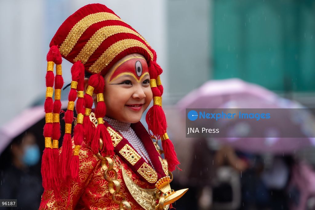 KATHMANDU, NEPAL, SEPTEMBER 24, 2026: Young girls dressed as Kumaris take part in a mass Kumari Puja at Hanuman Dhoka Durbar Square in Kathmandu on the second day of the Indra Jatra festival. Girls traditionally eligible for the ritual are worshipped as representations of the Kumari, or living goddess, during the ceremony. In Newar tradition, Kumari Puja is associated with prayers for peace, prosperity and well-being and with the blessings of Goddess Taleju Bhawani. Photo by Ghanashyam Shrestha / JNA Press. (Photo by Ghanashyam Shrestha/JNA Press via Nexpher Images)