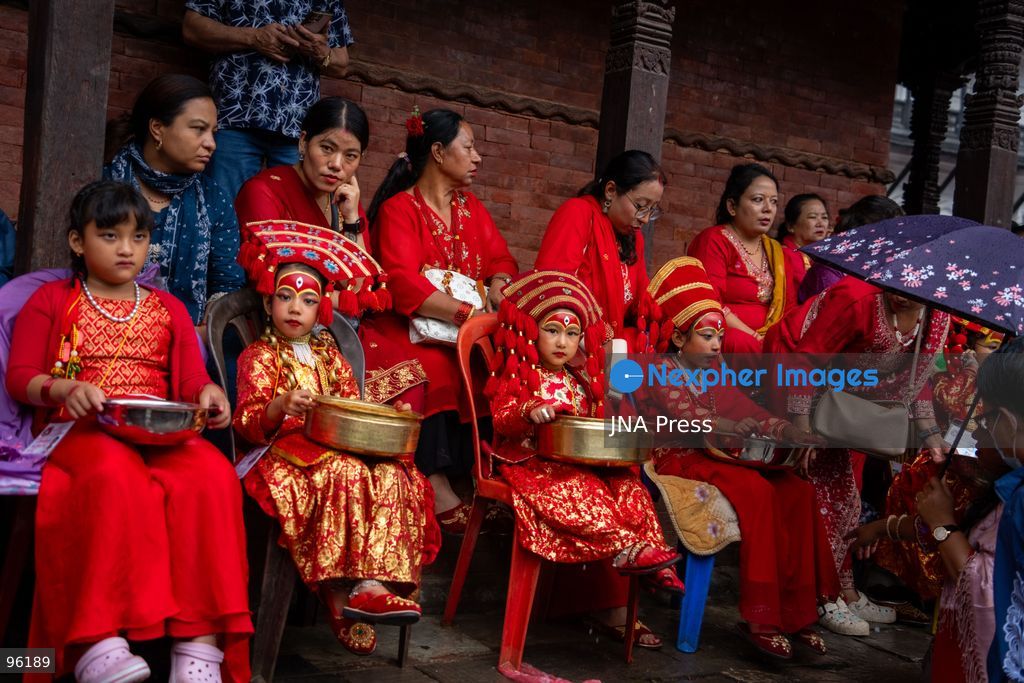 KATHMANDU, NEPAL, SEPTEMBER 24, 2026: Young girls dressed as Kumaris take part in a mass Kumari Puja at Hanuman Dhoka Durbar Square in Kathmandu on the second day of the Indra Jatra festival. Girls traditionally eligible for the ritual are worshipped as representations of the Kumari, or living goddess, during the ceremony. In Newar tradition, Kumari Puja is associated with prayers for peace, prosperity and well-being and with the blessings of Goddess Taleju Bhawani. Photo by Ghanashyam Shrestha / JNA Press. (Photo by Ghanashyam Shrestha/JNA Press via Nexpher Images)