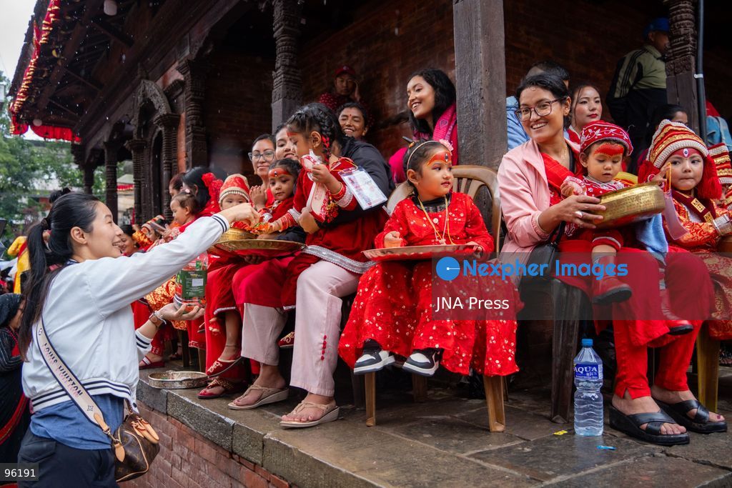 KATHMANDU, NEPAL, SEPTEMBER 24, 2026: Young girls dressed as Kumaris take part in a mass Kumari Puja at Hanuman Dhoka Durbar Square in Kathmandu on the second day of the Indra Jatra festival. Girls traditionally eligible for the ritual are worshipped as representations of the Kumari, or living goddess, during the ceremony. In Newar tradition, Kumari Puja is associated with prayers for peace, prosperity and well-being and with the blessings of Goddess Taleju Bhawani. Photo by Ghanashyam Shrestha / JNA Press. (Photo by Ghanashyam Shrestha/JNA Press via Nexpher Images)