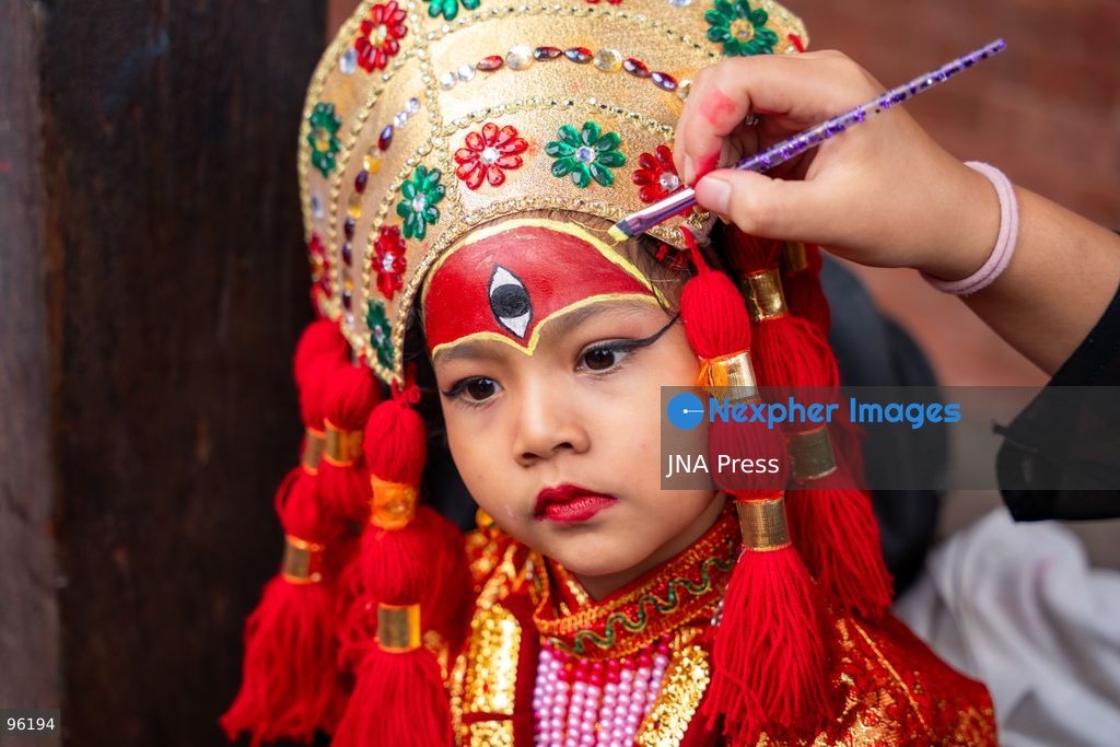 KATHMANDU, NEPAL, SEPTEMBER 24, 2026: Young girls dressed as Kumaris take part in a mass Kumari Puja at Hanuman Dhoka Durbar Square in Kathmandu on the second day of the Indra Jatra festival. Girls traditionally eligible for the ritual are worshipped as representations of the Kumari, or living goddess, during the ceremony. In Newar tradition, Kumari Puja is associated with prayers for peace, prosperity and well-being and with the blessings of Goddess Taleju Bhawani. Photo by Ghanashyam Shrestha / JNA Press. (Photo by Ghanashyam Shrestha/JNA Press via Nexpher Images)