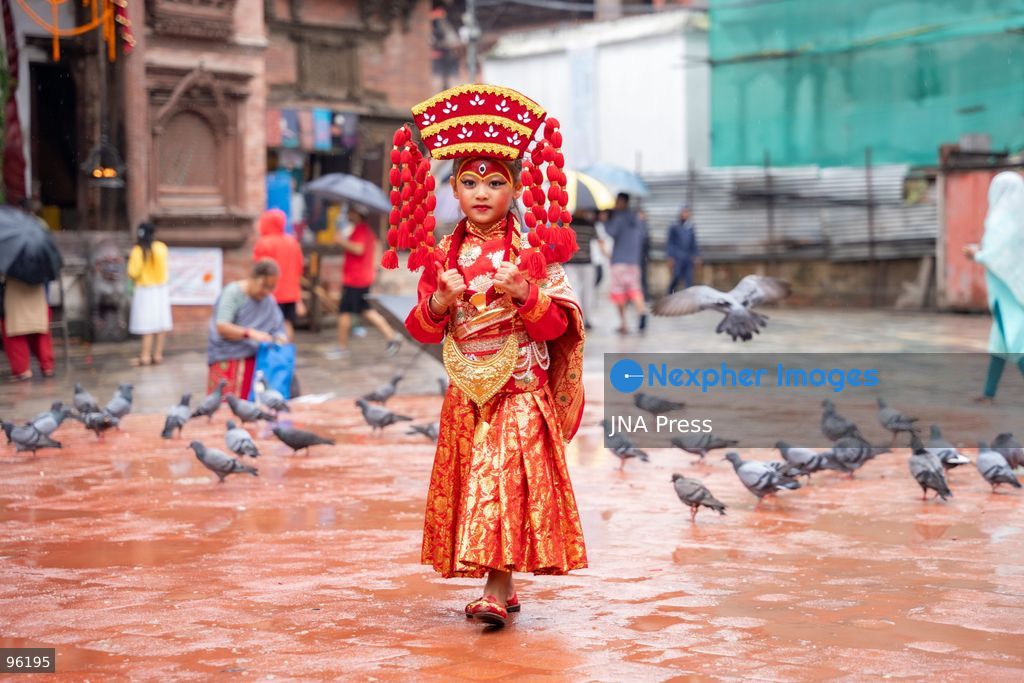 KATHMANDU, NEPAL, SEPTEMBER 24, 2026: Young girls dressed as Kumaris take part in a mass Kumari Puja at Hanuman Dhoka Durbar Square in Kathmandu on the second day of the Indra Jatra festival. Girls traditionally eligible for the ritual are worshipped as representations of the Kumari, or living goddess, during the ceremony. In Newar tradition, Kumari Puja is associated with prayers for peace, prosperity and well-being and with the blessings of Goddess Taleju Bhawani. Photo by Ghanashyam Shrestha / JNA Press. (Photo by Ghanashyam Shrestha/JNA Press via Nexpher Images)
