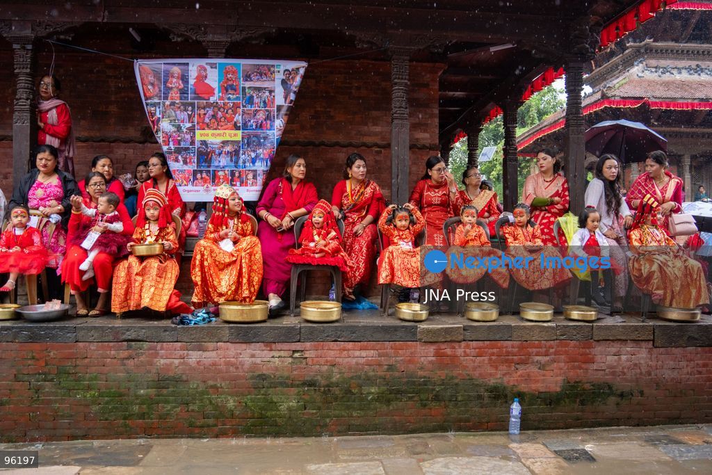 KATHMANDU, NEPAL, SEPTEMBER 24, 2026: Young girls dressed as Kumaris take part in a mass Kumari Puja at Hanuman Dhoka Durbar Square in Kathmandu on the second day of the Indra Jatra festival. Girls traditionally eligible for the ritual are worshipped as representations of the Kumari, or living goddess, during the ceremony. In Newar tradition, Kumari Puja is associated with prayers for peace, prosperity and well-being and with the blessings of Goddess Taleju Bhawani. Photo by Ghanashyam Shrestha / JNA Press. (Photo by Ghanashyam Shrestha/JNA Press via Nexpher Images)