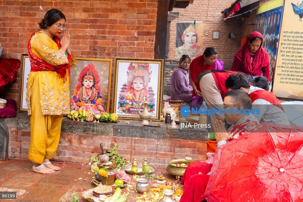 KATHMANDU, NEPAL, SEPTEMBER 24, 2026: Young girls dressed as Kumaris take part in a mass Kumari Puja at Hanuman Dhoka Durbar Square in Kathmandu on the second day of the Indra Jatra festival. Girls traditionally eligible for the ritual are worshipped as representations of the Kumari, or living goddess, during the ceremony. In Newar tradition, Kumari Puja is associated with prayers for peace, prosperity and well-being and with the blessings of Goddess Taleju Bhawani. Photo by Ghanashyam Shrestha / JNA Press. (Photo by Ghanashyam Shrestha/JNA Press via Nexpher Images)