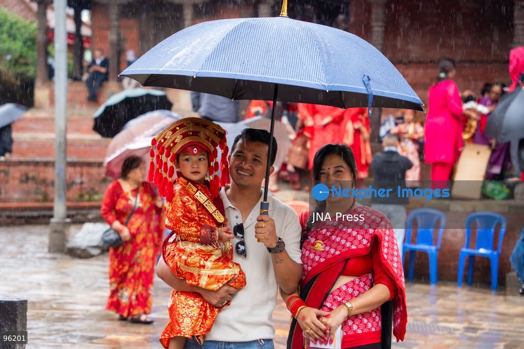 KATHMANDU, NEPAL, SEPTEMBER 24, 2026: Young girls dressed as Kumaris take part in a mass Kumari Puja at Hanuman Dhoka Durbar Square in Kathmandu on the second day of the Indra Jatra festival. Girls traditionally eligible for the ritual are worshipped as representations of the Kumari, or living goddess, during the ceremony. In Newar tradition, Kumari Puja is associated with prayers for peace, prosperity and well-being and with the blessings of Goddess Taleju Bhawani. Photo by Ghanashyam Shrestha / JNA Press. (Photo by Ghanashyam Shrestha/JNA Press via Nexpher Images)