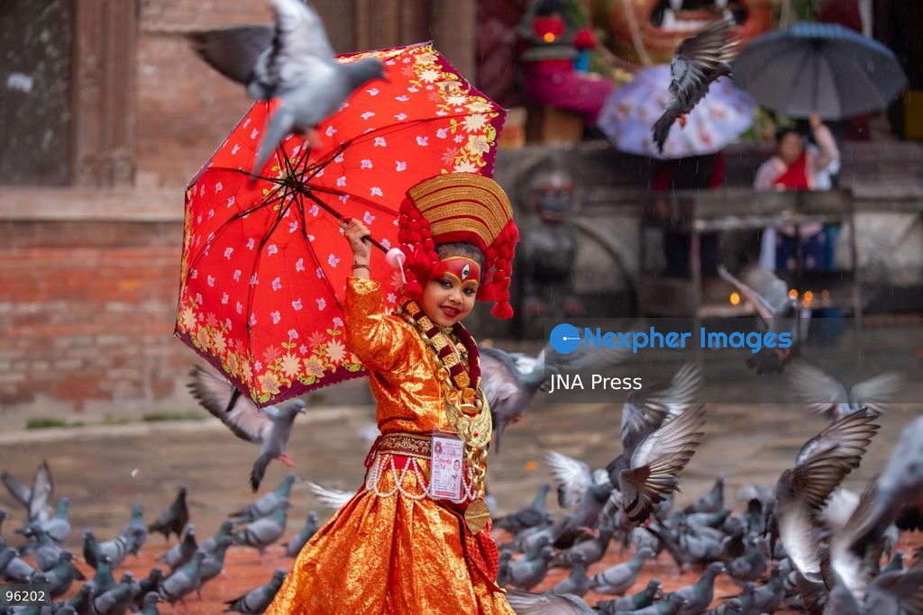KATHMANDU, NEPAL, SEPTEMBER 24, 2026: Young girls dressed as Kumaris take part in a mass Kumari Puja at Hanuman Dhoka Durbar Square in Kathmandu on the second day of the Indra Jatra festival. Girls traditionally eligible for the ritual are worshipped as representations of the Kumari, or living goddess, during the ceremony. In Newar tradition, Kumari Puja is associated with prayers for peace, prosperity and well-being and with the blessings of Goddess Taleju Bhawani. Photo by Ghanashyam Shrestha / JNA Press. (Photo by Ghanashyam Shrestha/JNA Press via Nexpher Images)