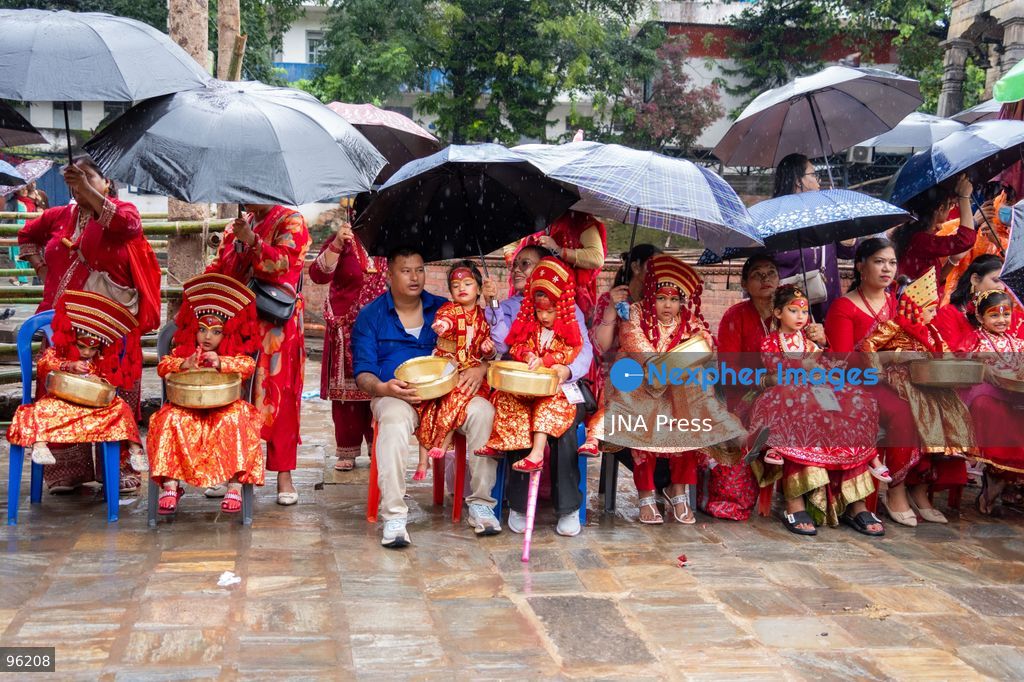 KATHMANDU, NEPAL, SEPTEMBER 24, 2026: Young girls dressed as Kumaris take part in a mass Kumari Puja at Hanuman Dhoka Durbar Square in Kathmandu on the second day of the Indra Jatra festival. Girls traditionally eligible for the ritual are worshipped as representations of the Kumari, or living goddess, during the ceremony. In Newar tradition, Kumari Puja is associated with prayers for peace, prosperity and well-being and with the blessings of Goddess Taleju Bhawani. Photo by Ghanashyam Shrestha / JNA Press. (Photo by Ghanashyam Shrestha/JNA Press via Nexpher Images)