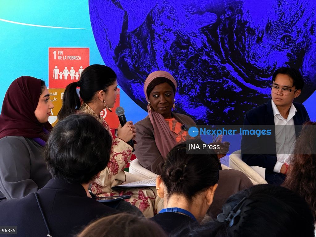 NEW YORK, UNITED STATES, SEPTEMBER 21, 2026: Participants attend the United Nations Peace Circle at the SDG Media Zone at UN Headquarters in New York during the 81st session of the UN General Assembly. Held to mark the International Day of Peace, the intergenerational discussion brought together youth advocates, humanitarian representatives and UN officials to discuss investment in peace and the role of young people in peacebuilding. Pictured from left are Noor Al Musallam, Sanjana Sanghi, Diene Keita, Jonathan Lam, Versha Sharma, Mary Maker, Muzoon Almellehan, Maher Nasser and Sofia Polishchuk. Photo by Catherine Manso/ JNA Press. (Photo by Catherine Manso/JNA Press via Nexpher Images)