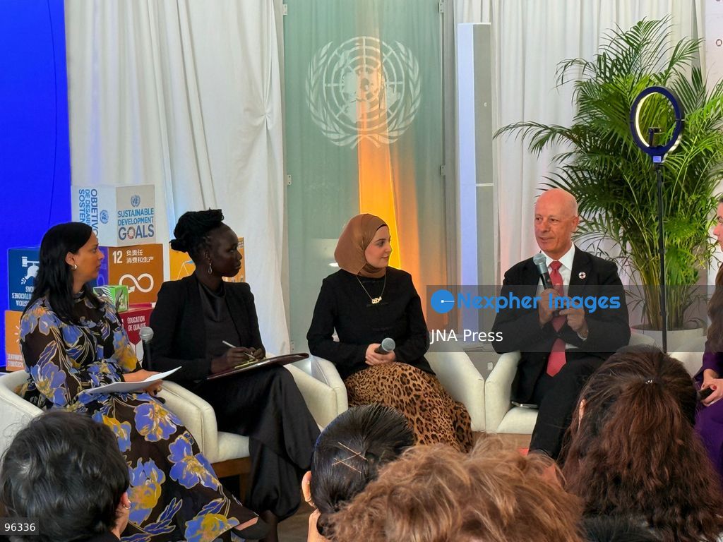 NEW YORK, UNITED STATES, SEPTEMBER 21, 2026: Participants attend the United Nations Peace Circle at the SDG Media Zone at UN Headquarters in New York during the 81st session of the UN General Assembly. Held to mark the International Day of Peace, the intergenerational discussion brought together youth advocates, humanitarian representatives and UN officials to discuss investment in peace and the role of young people in peacebuilding. Pictured from left are Noor Al Musallam, Sanjana Sanghi, Diene Keita, Jonathan Lam, Versha Sharma, Mary Maker, Muzoon Almellehan, Maher Nasser and Sofia Polishchuk. Photo by Catherine Manso/ JNA Press. (Photo by Catherine Manso/JNA Press via Nexpher Images)