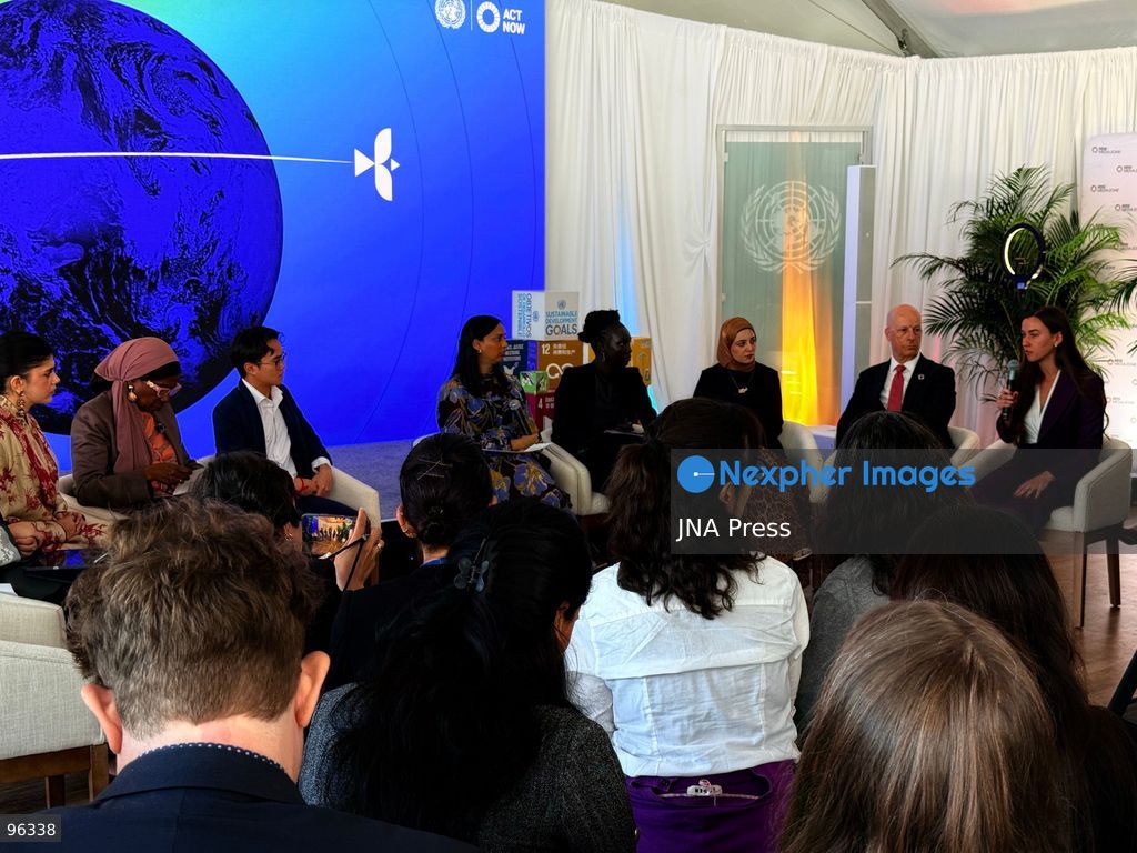 NEW YORK, UNITED STATES, SEPTEMBER 21, 2026: Participants attend the United Nations Peace Circle at the SDG Media Zone at UN Headquarters in New York during the 81st session of the UN General Assembly. Held to mark the International Day of Peace, the intergenerational discussion brought together youth advocates, humanitarian representatives and UN officials to discuss investment in peace and the role of young people in peacebuilding. Pictured from left are Noor Al Musallam, Sanjana Sanghi, Diene Keita, Jonathan Lam, Versha Sharma, Mary Maker, Muzoon Almellehan, Maher Nasser and Sofia Polishchuk. Photo by Catherine Manso/ JNA Press. (Photo by Catherine Manso/JNA Press via Nexpher Images)