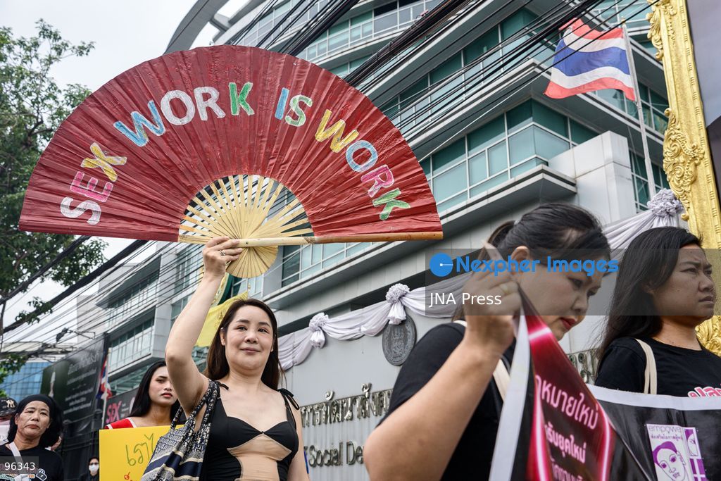 BANGKOK, THAILAND, SEPTEMBER 24, 2026: Sex workers’ rights activists demonstrate at the Ministry of Social Development and Human Security in Bangkok, calling for legislation to decriminalize sex work and provide labor protections. Thailand’s 1996 Prevention and Suppression of Prostitution Act criminalizes sex work, while rights groups are campaigning for legal recognition and access to labor and social protections. Photo by Watsawat Koktabtim / JNA Press. (Photo by Watsawat Koktabtim/JNA Press via Nexpher Images)